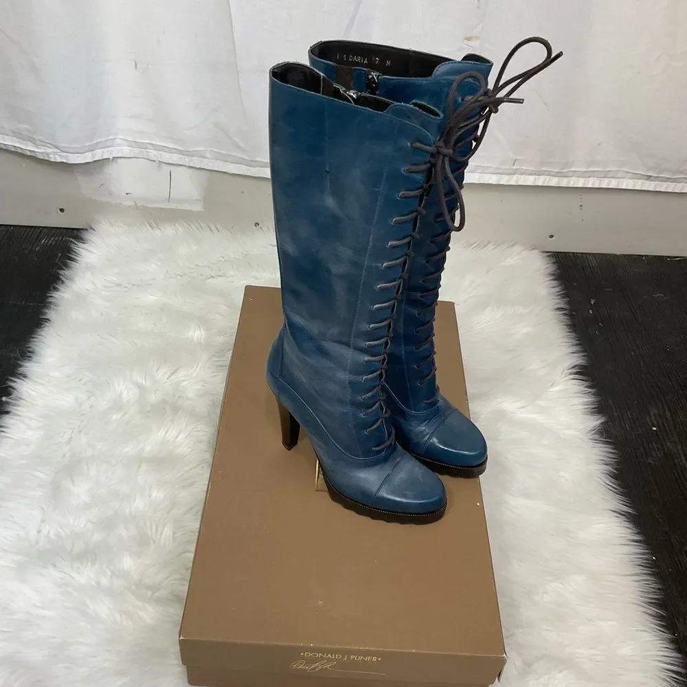 NEW Donald J Pliner Women's Blue Denim Oilskin Calf Lace Up Heel Boots Size 7